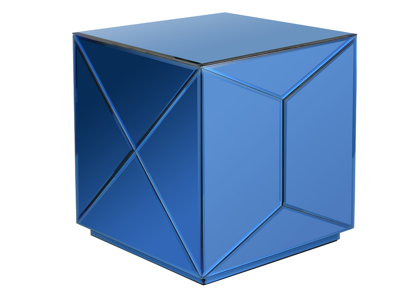 Kleiner Würfel Beistelltisch NIVA mit Spiegelglas Blau, Höhe 40cm