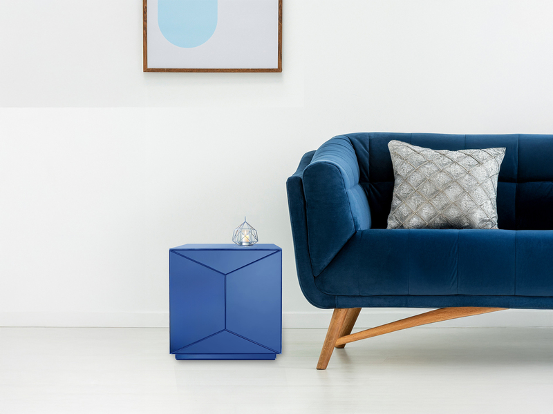 Kleiner Würfel Beistelltisch NIVA mit Spiegelglas Blau, Höhe 40cm