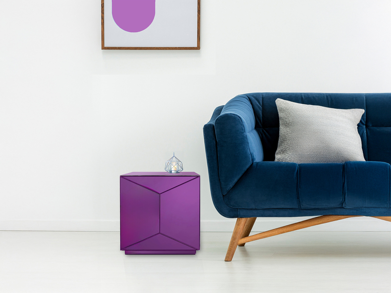 Kleiner Würfel Beistelltisch NIVA mit Spiegelglas Lila, Höhe 40cm