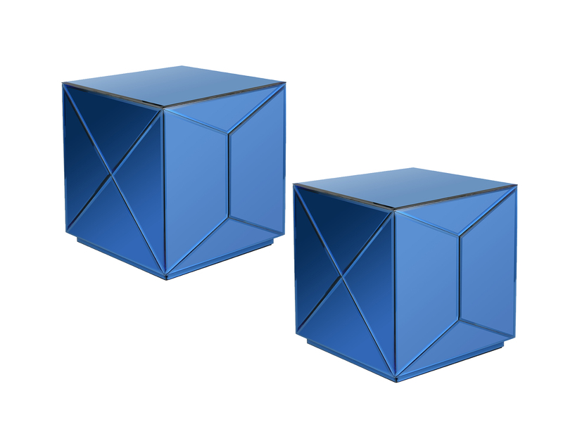 Kleiner Würfel Beistelltisch 2er Set mit Spiegelglas Blau, Höhe 40cm