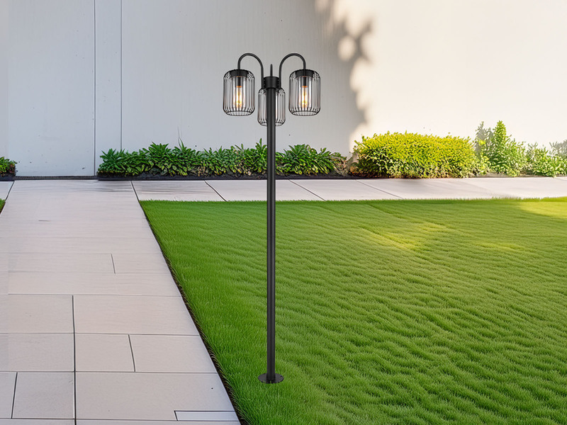 LED Mastleuchte 3-flammig aus Edelstahl Gitterschirme Schwarz, Höhe 180cm