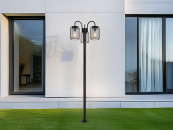 LED Mastleuchte 3-flammig aus Edelstahl Gitterschirme Schwarz, Höhe 180cm