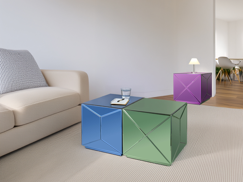 Würfel Beistelltisch 3er Set mit Spiegelglas, Höhe 40cm