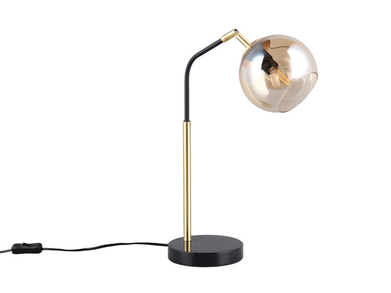Tischleuchte PAXTON Schwarz / Gold, Kugel Glasschirm Amber, Höhe 45cm