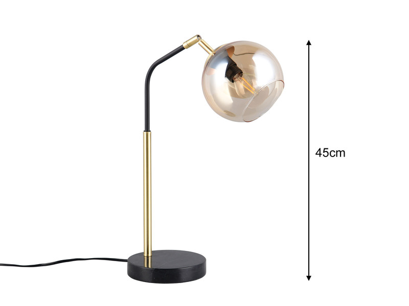 Tischleuchte PAXTON Schwarz / Gold, Kugel Glasschirm Amber, Höhe 45cm