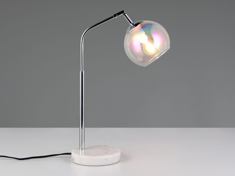 Tischleuchte PAXTON Silber Weiß, Kugel Glasschirm irisierend, Höhe 45cm