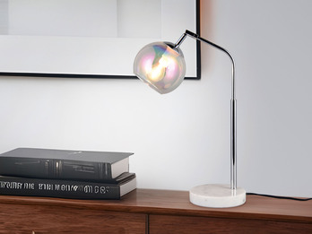 Tischleuchte PAXTON Silber Weiß, Kugel Glasschirm irisierend, Höhe 45cm