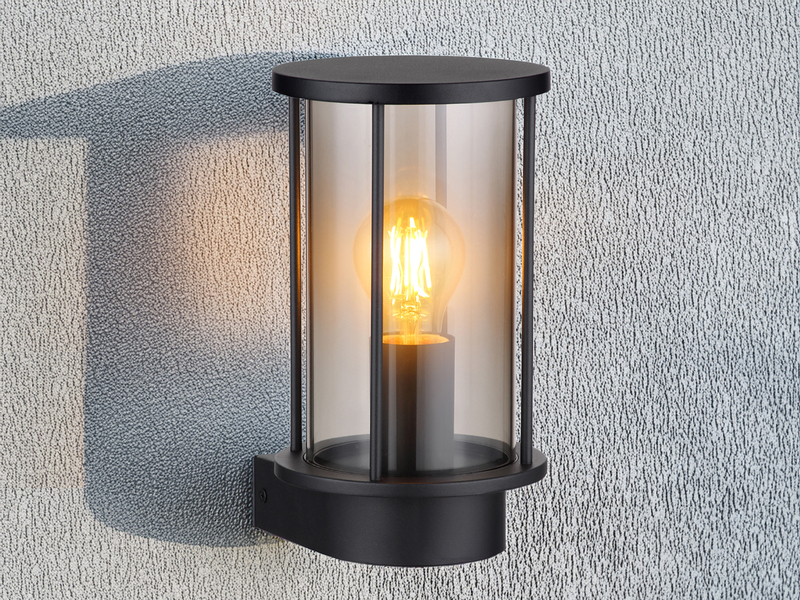 Außenwandleuchte GRACEY Laterne aus Edelstahl mit Rauchglas, Höhe 25cm