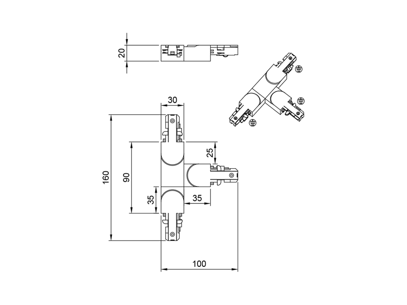 T-Verbinder Schwarz für 2-Phasen Schienensystem DUOline, Schutzleiter RECHTS