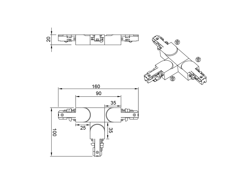 T-Verbinder (B) Schwarz für 2-Phasen Schienensystem DUOline, Schutzleiter LINKS