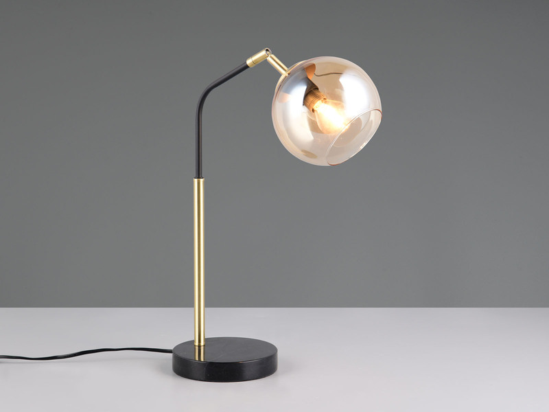 LED Tischlampe Schwarz / Gold, Kugel Glasschirm Amber, Höhe 45cm