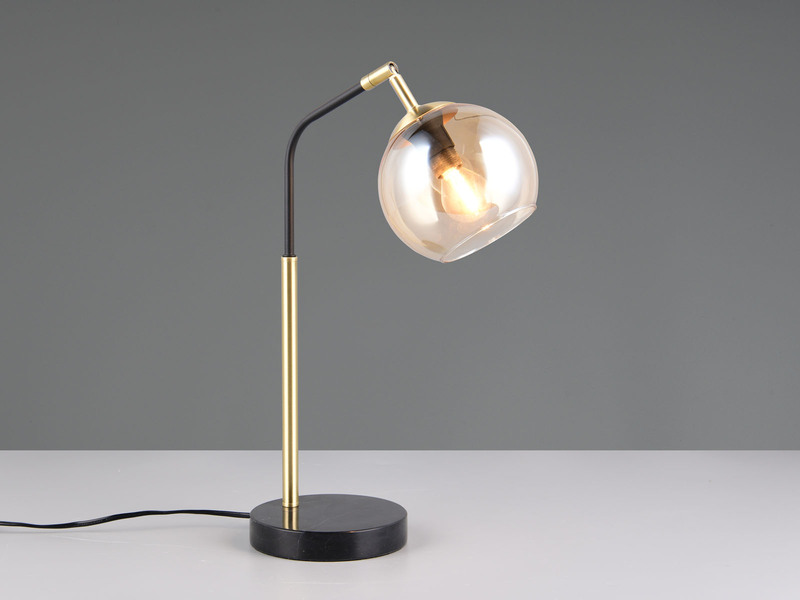 LED Tischlampe Schwarz / Gold, Kugel Glasschirm Amber, Höhe 45cm