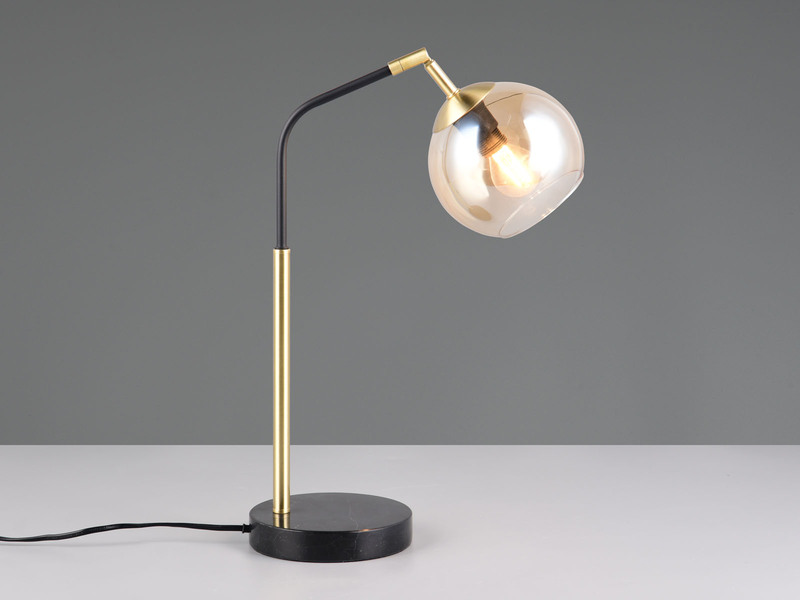 LED Tischlampe Schwarz / Gold, Kugel Glasschirm Amber, Höhe 45cm