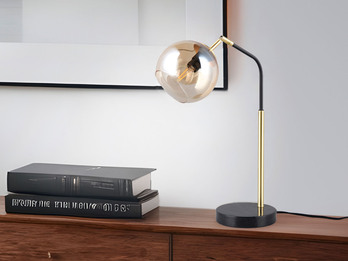 LED Tischlampe Schwarz / Gold, Kugel Glasschirm Amber, Höhe 45cm