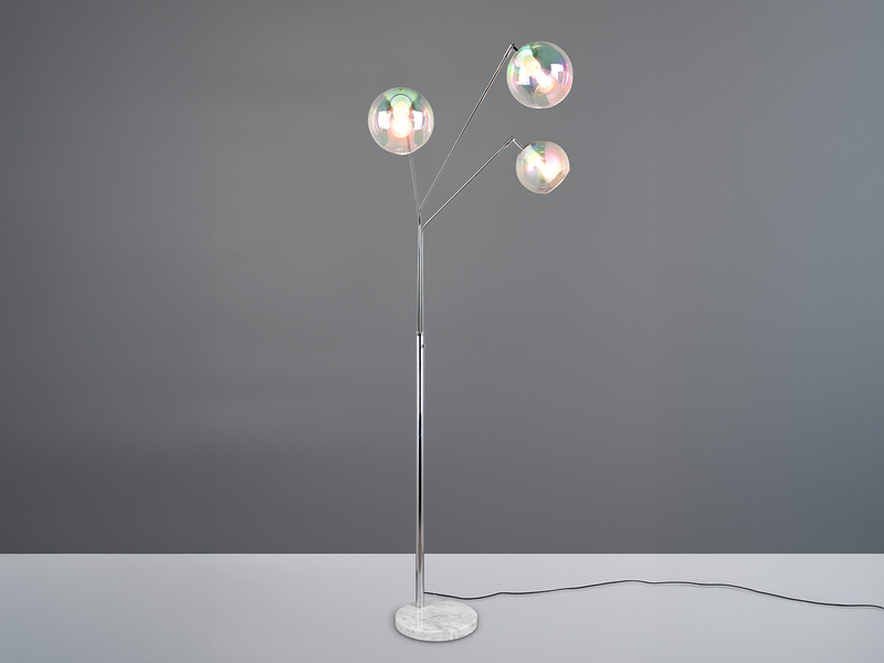 Stehleuchte PAXTON 3flammig Silber, Kugel Glasschirme irisierend, 200cm groß
