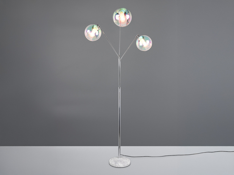 Stehleuchte PAXTON 3flammig Silber, Kugel Glasschirme irisierend, 200cm groß
