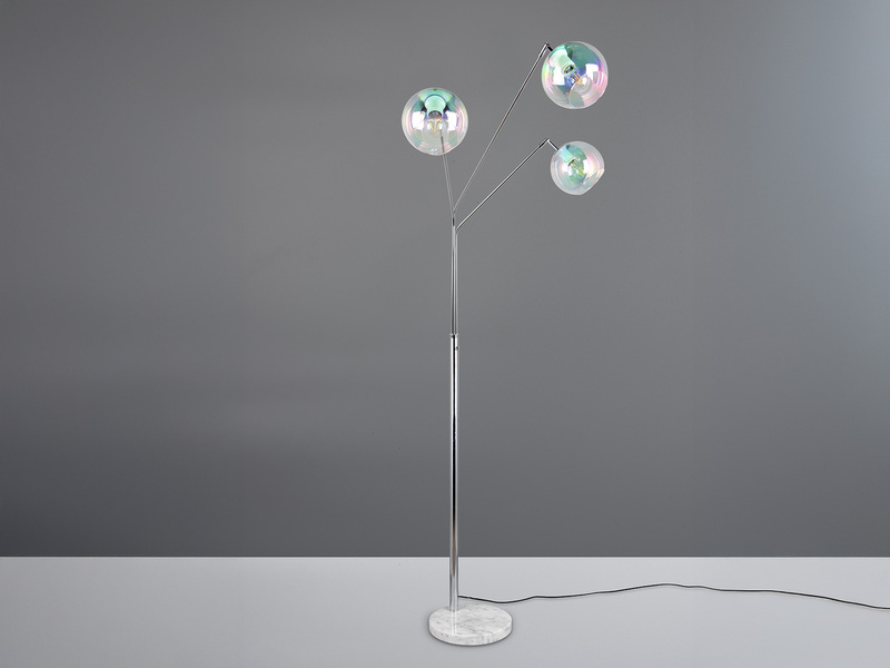 Stehleuchte PAXTON 3flammig Silber, Kugel Glasschirme irisierend, 200cm groß