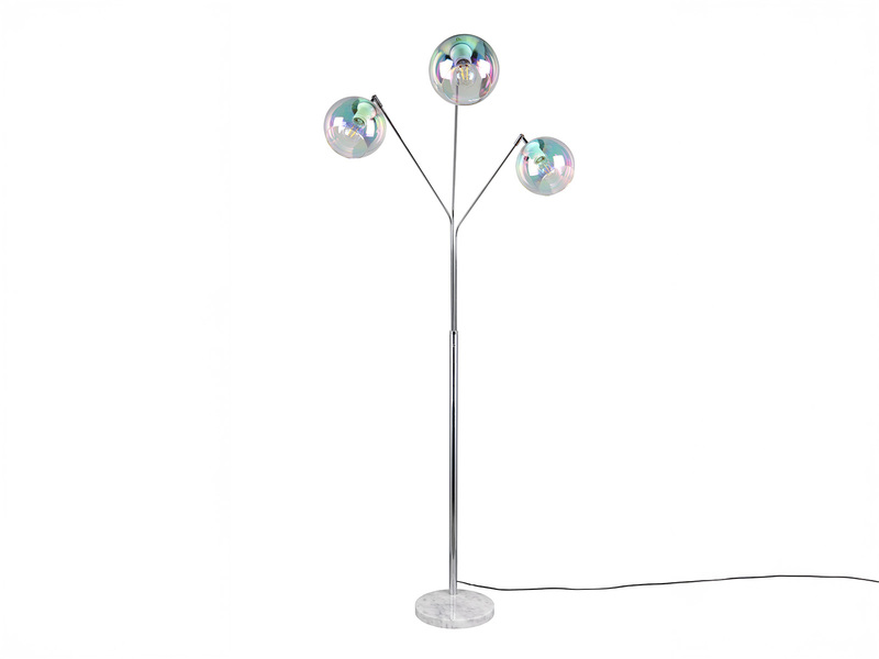 Stehleuchte PAXTON 3flammig Silber, Kugel Glasschirme irisierend, 200cm groß
