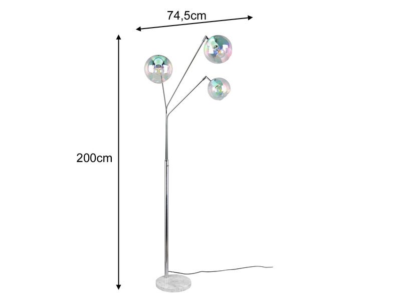 Stehleuchte PAXTON 3flammig Silber, Kugel Glasschirme irisierend, 200cm groß