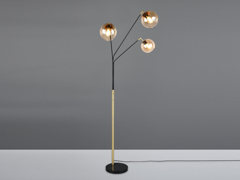 Stehleuchte PAXTON 3flammig Schwarz Gold, Glasschirme Amber, 200cm groß