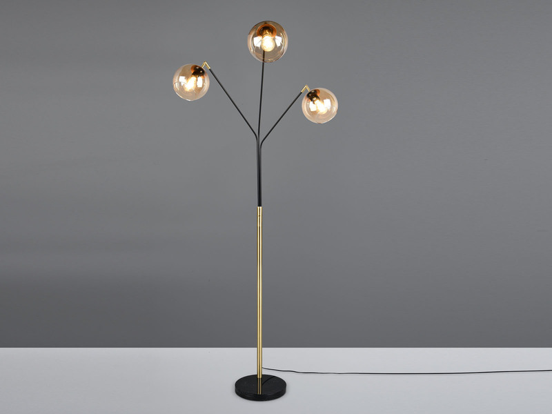 Stehleuchte PAXTON 3flammig Schwarz Gold, Glasschirme Amber, 200cm groß