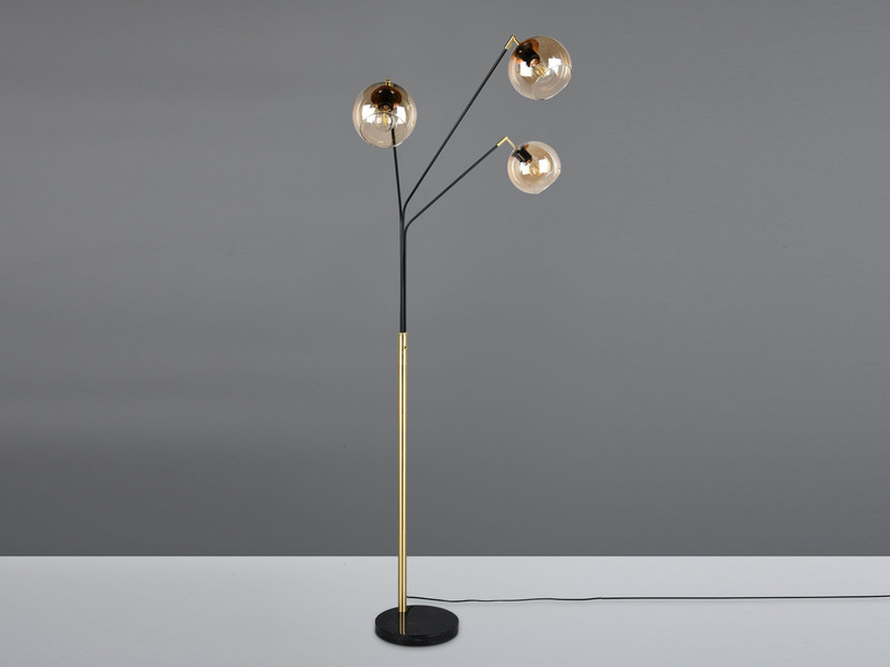 Stehleuchte PAXTON 3flammig Schwarz Gold, Glasschirme Amber, 200cm groß