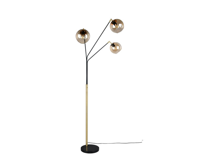 Stehleuchte PAXTON 3flammig Schwarz Gold, Glasschirme Amber, 200cm groß