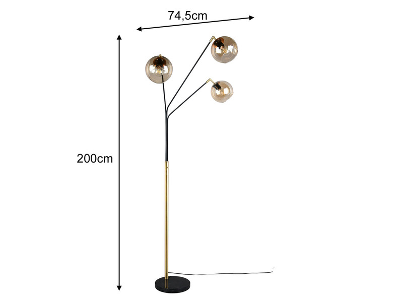 Stehleuchte PAXTON 3flammig Schwarz Gold, Glasschirme Amber, 200cm groß