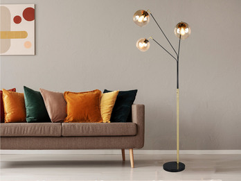 Stehleuchte PAXTON 3flammig Schwarz Gold, Glasschirme Amber, 200cm groß