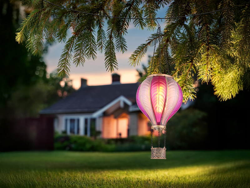 Deko Solarleuchte mit Heißluftballon in Pink & Rosa aus Kunststoff, Höhe 46,5cm