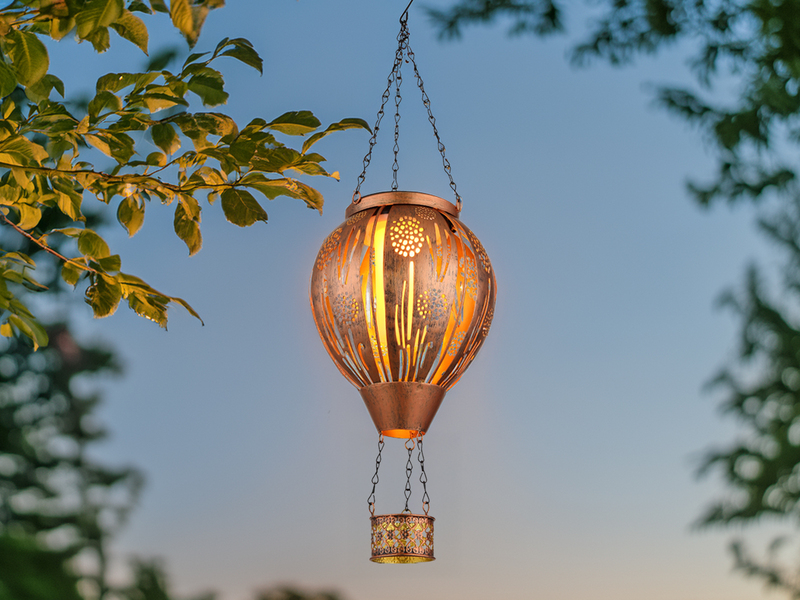 Deko Solarleuchte mit Heißluftballon Kupferfarbig aus Metall, Höhe 46cm