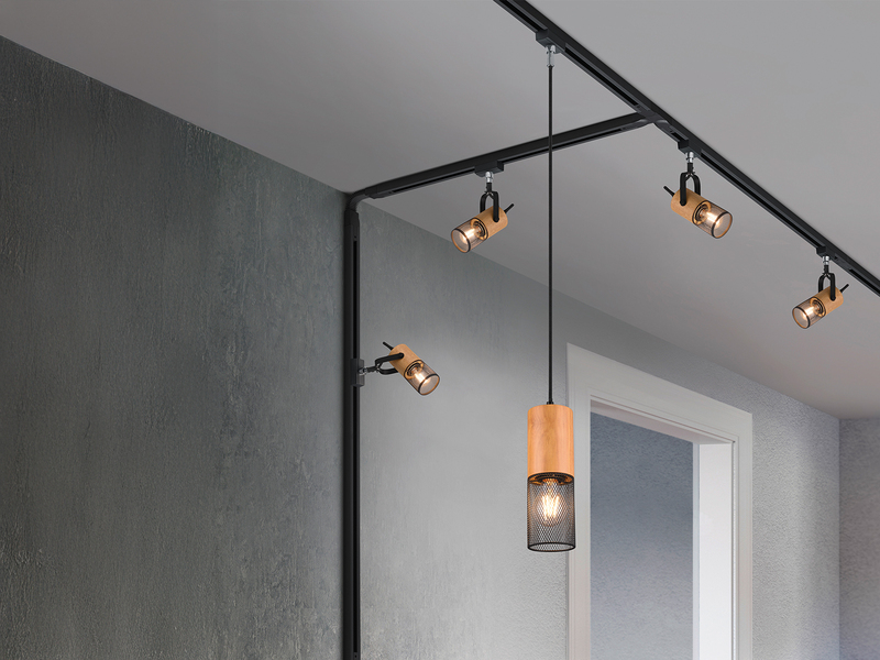 Kleine Pendelleuchte TOSH mit Holz Ø 8cm für DUOline Schienensystem