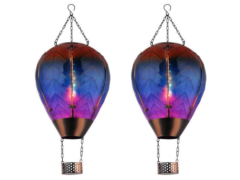 2er Set Deko Solarleuchten Heißluftballon aus Glas Bunt & Flammeneffekt, H:58cm