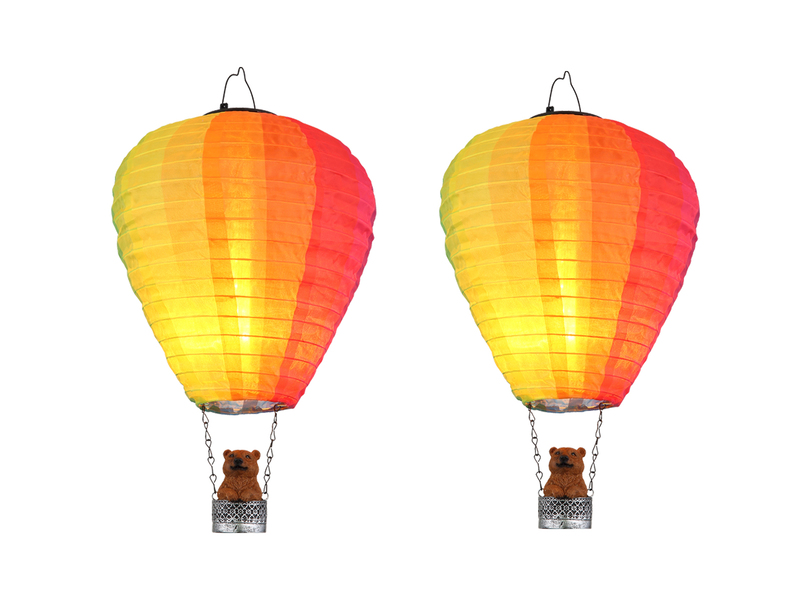 2er Set Deko Solarleuchten mit buntem Heißluftballon & Bär im Korb, Höhe 44cm