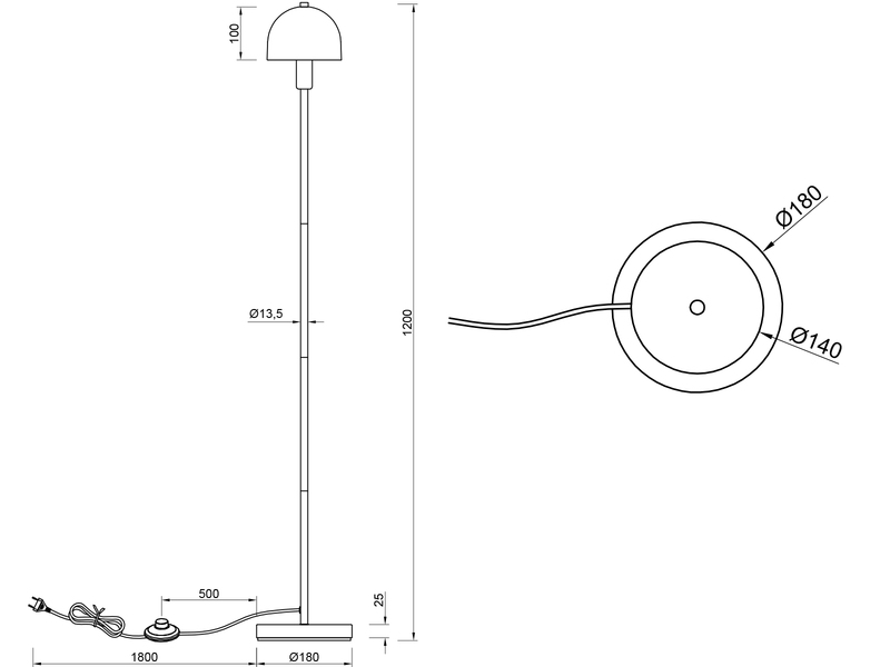 Kleine Stehlampe GLENN Grau mit Metallfuß und Lampenschirm Glas, Höhe 120cm