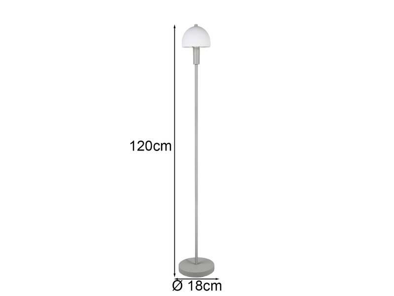 Kleine Stehlampe GLENN Grau mit Metallfuß und Lampenschirm Glas, Höhe 120cm