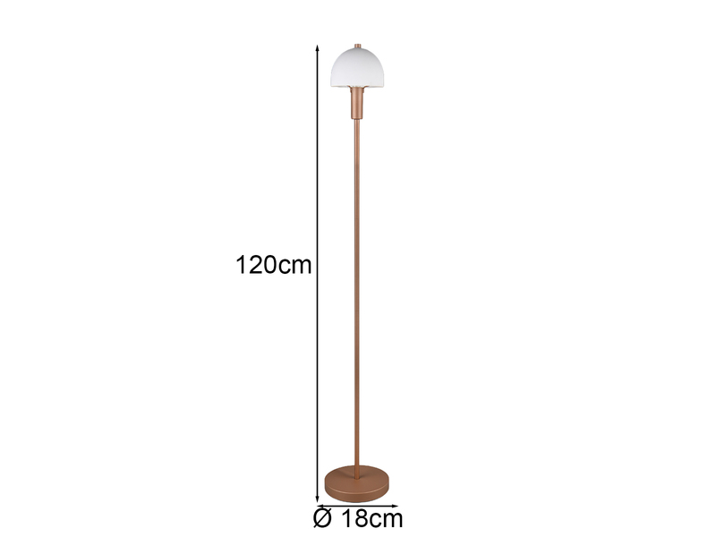 Kleine Stehlampe GLENN Coffee mit Metallfuß und Lampenschirm Glas, Höhe 120cm