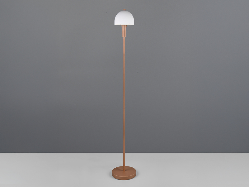 Kleine Stehlampe GLENN Coffee mit Metallfuß und Lampenschirm Glas, Höhe 120cm