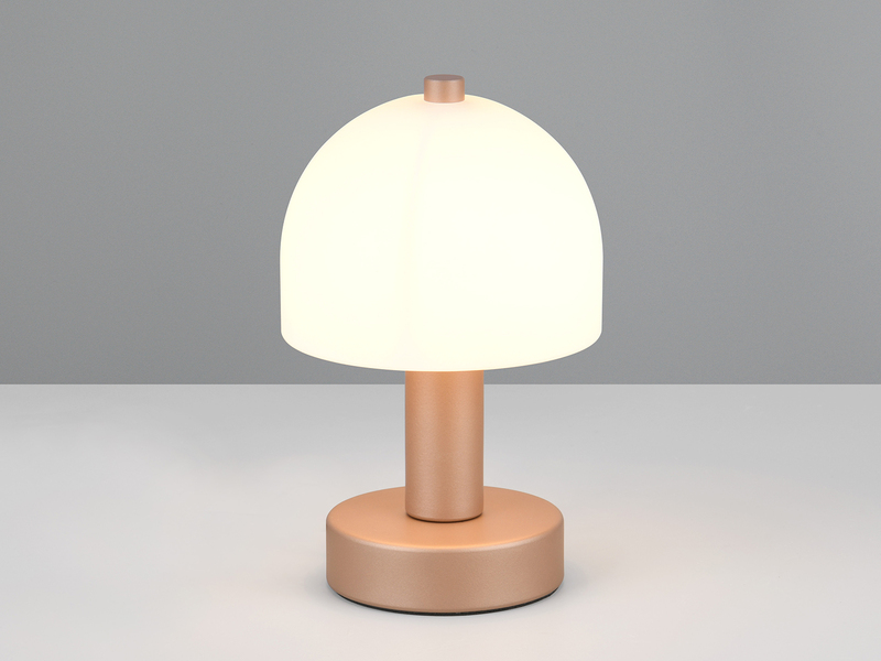 Kleine Tischlampe GLENN aus Metall Coffee in Pilzform mit Glasschirm, Höhe 19cm