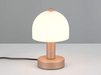 Kleine Tischlampe GLENN aus Metall Coffee in Pilzform mit Glasschirm, Höhe 19cm