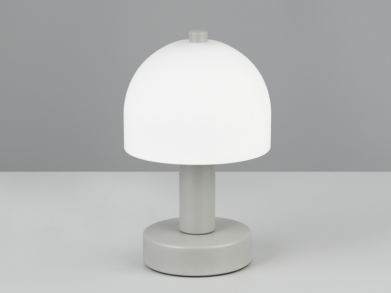 Kleine Tischlampe GLENN aus Metall Grau in Pilzform mit Glasschirm, Höhe 19cm