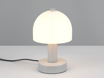 Kleine Tischlampe GLENN aus Metall Grau in Pilzform mit Glasschirm, Höhe 19cm