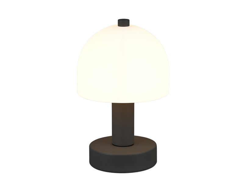 Kleine Tischlampe GLENN aus Metall Schwarz in Pilzform mit Glasschirm, Höhe 19cm