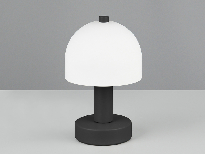 Kleine Tischlampe GLENN aus Metall Schwarz in Pilzform mit Glasschirm, Höhe 19cm