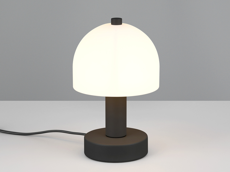 Kleine Tischlampe GLENN aus Metall Schwarz in Pilzform mit Glasschirm, Höhe 19cm
