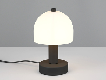 Kleine Tischlampe GLENN aus Metall Schwarz in Pilzform mit Glasschirm, Höhe 19cm