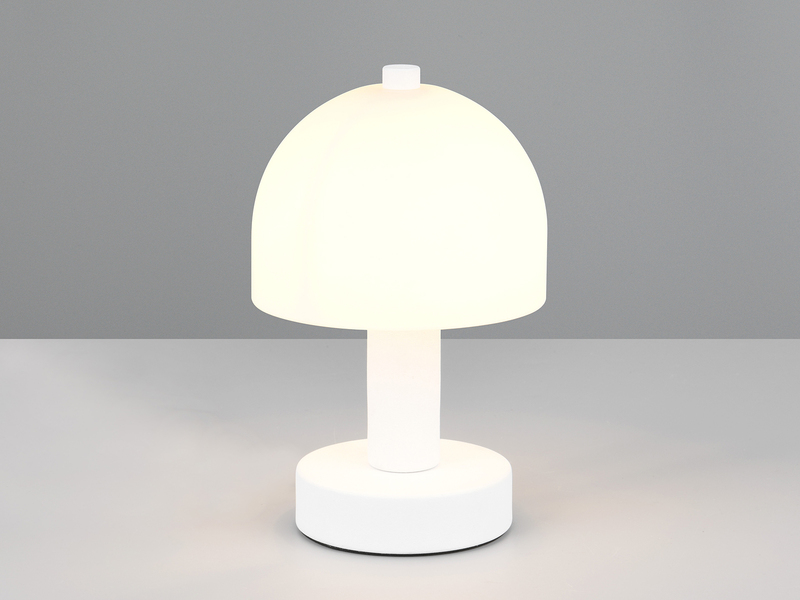 Kleine Tischlampe GLENN aus Metall Weiß in Pilzform mit Glasschirm, Höhe 19cm