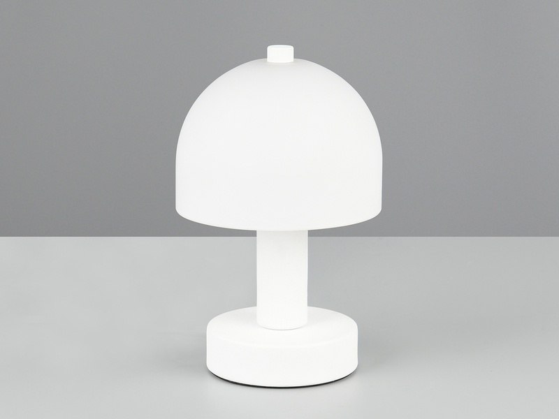 Kleine Tischlampe GLENN aus Metall Weiß in Pilzform mit Glasschirm, Höhe 19cm