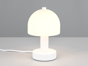 Kleine Tischlampe GLENN aus Metall Weiß in Pilzform mit Glasschirm, Höhe 19cm