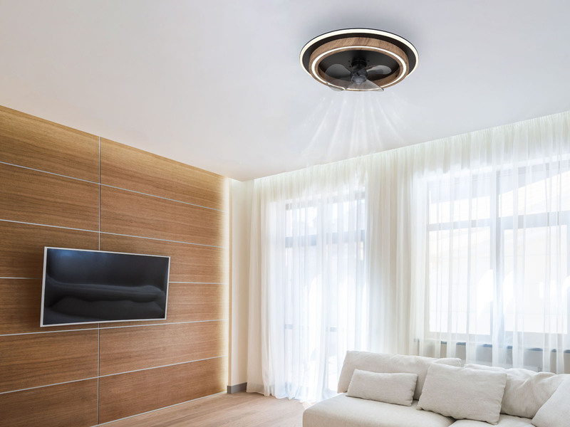 LED Deckenleuchte BOZAN rund mit Ventilator & Fernbedienung Holzoptik, Ø 50cm